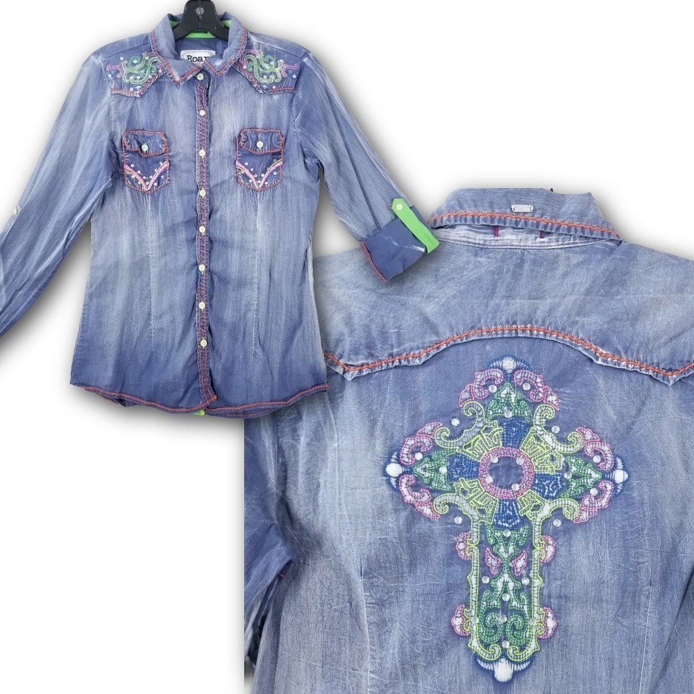 Vintage Roar Western Shirt Womens L Blue‎ Embroidered Cross Rhinestone Stretch